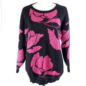 Vintage 80s Black & Pink Metallic Sparkle Floral Rose Knit Sweater Size M